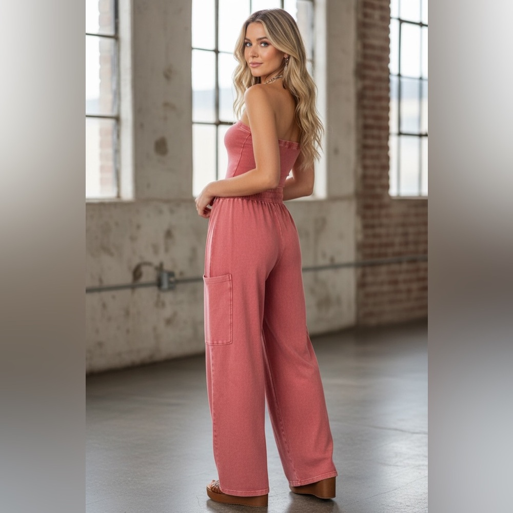 NWT Washed Drawstring Waist Strapless Cargo Pocket Wide Leg Jumpsuit Jumper - Picture 6 of 7
